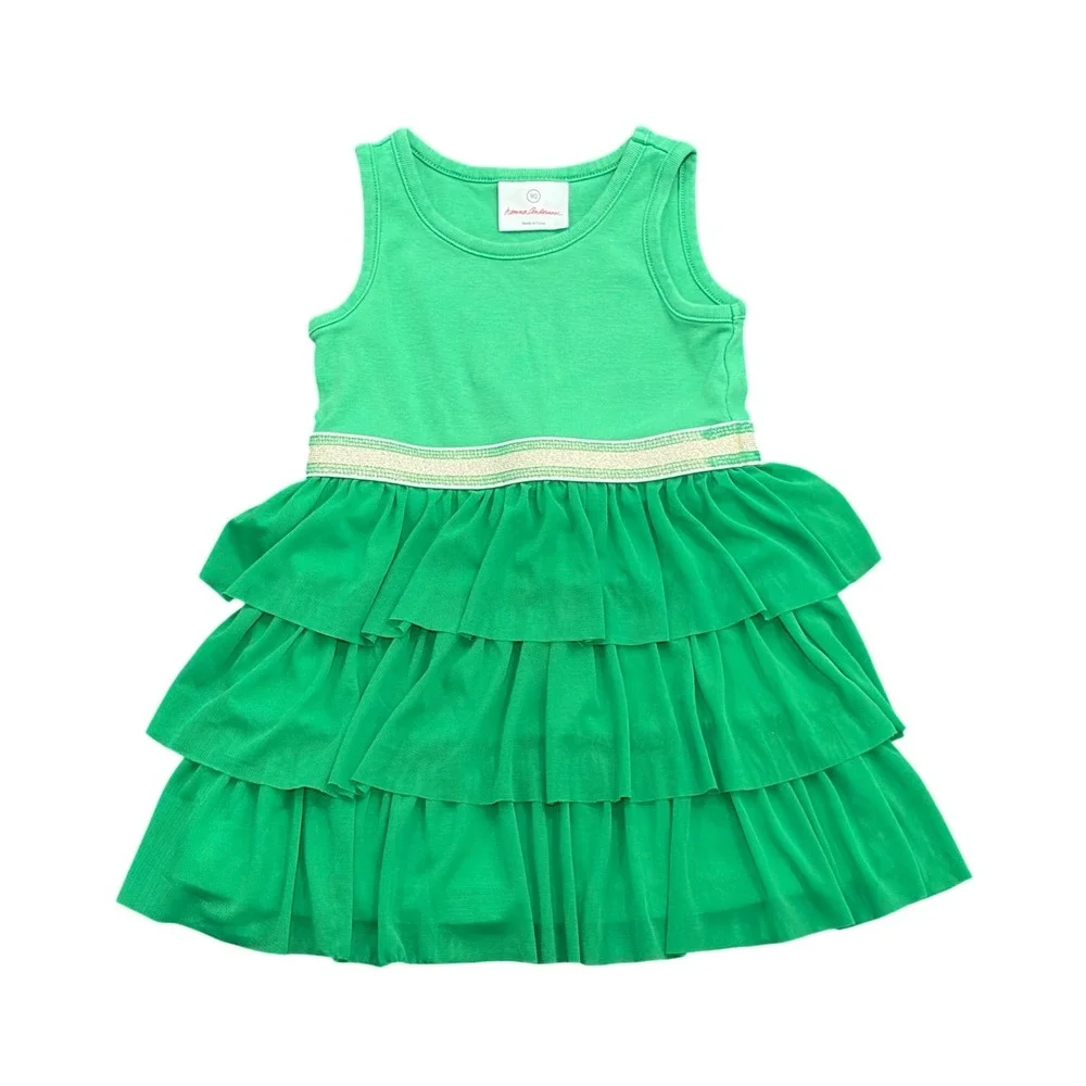 Hanna Andersson Ruffle Tiered Dress Kids 90 3T Green Gold Sparkle Waist